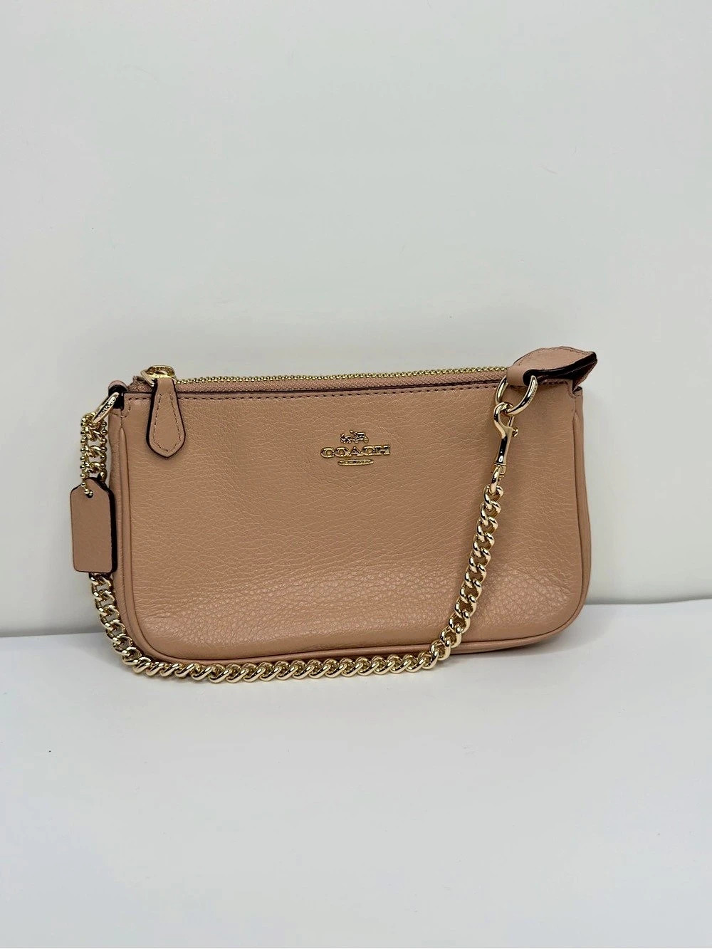 Coach Nolita 19 Beige Pebbled Leather Gold Chain Wristlet Bag